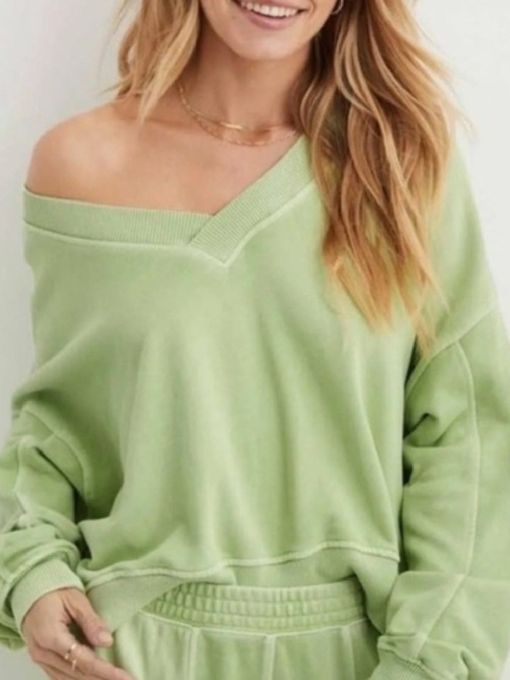 Aerie HOUSE PARTY Light Green Off-the-Shoulder V-Neck CROPPED SWEATSHIRT